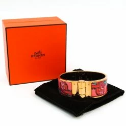 Hermes Charniere Printed Enamel Gold Plated Wide Uni Bracelet For Women -Deals Hermes Store luxury women hermes used accessories p181010 003