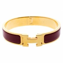 Hermes Clic Clac H Rouge De Chine Enamel Gold Plated Narrow Bracelet PM For Women