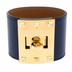 Hermes Kelly Dog Extreme Blue Leather Gold Plated Wide Bracelet S For Women