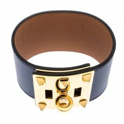 Hermes Kelly Dog Extreme Blue Leather Gold Plated Wide Bracelet S For Women -Deals Hermes Store luxury women hermes used accessories p186316 007