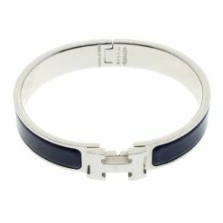 Hermes Clic Clac H Blue Indigo Enamel Palladium Plated Narrow Bracelet PM For Women -Deals Hermes Store luxury women hermes used accessories p186329 001