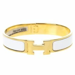 Hermes Clic Clac H White Enamel Gold Plated Bracelet For Women