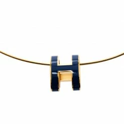 Hermes Pop H Royal Blue Lacquer Gold Plated Pendant Necklace For Women