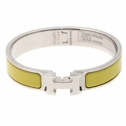 Hermes Clic-Clac H Citron Yellow Enamel Palladium Plated Narrow Bracelet PM For Women