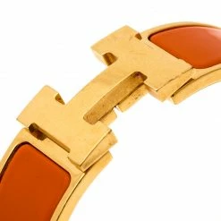 Hermes Clic Clac H Orange Enamel Gold Plated Wide Bracelet GM For Women -Deals Hermes Store luxury women hermes used accessories p195017 001