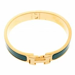 Hermes Clic Clac H Verona Green Enamel Gold Plated Narrow Bracelet PM For Women -Deals Hermes Store luxury women hermes used accessories p195789 006