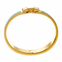 Hermes Clic H Aqua Blue Enamel Gold Plated Bracelet PM For Women -Deals Hermes Store luxury women hermes used accessories p197106 004