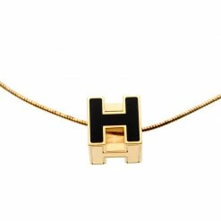 Hermes Cage D'H Black Enamel Gold Plated Pendant Necklace For Women