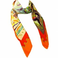 Hermes Orange Printed La MÃ©canique Des IdÃ©es Silk Square Scarf For Women