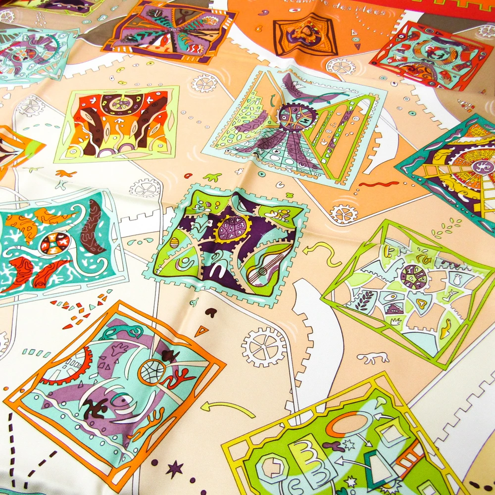 Hermes Orange Printed La Mécanique Des Idées Silk Square Scarf For Women 5 Hermes Orange Printed La Mécanique Des Idées Silk Square Scarf For Women - Image 3