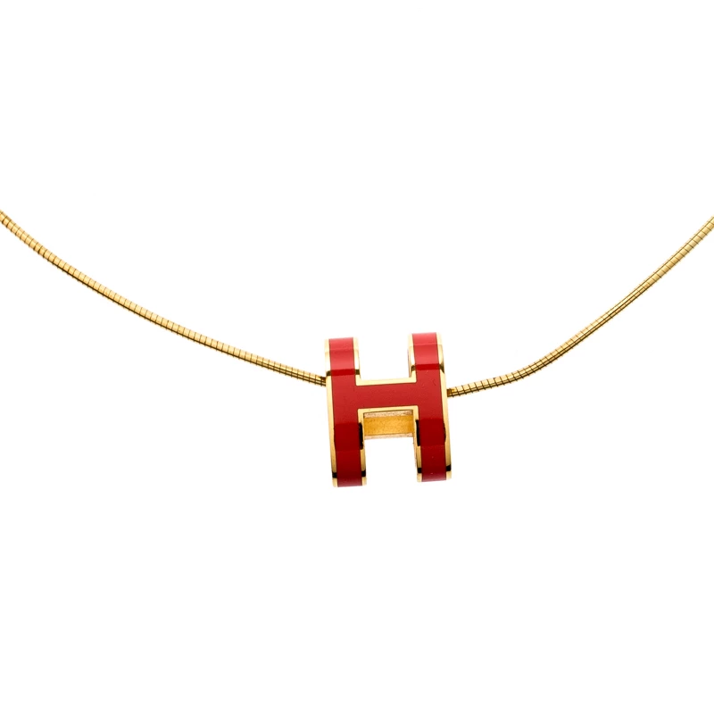 Hermes Pop H Coral Pink Lacquer Gold Plated Pendant Necklace For Women 3 Hermes Pop H Coral Pink Lacquer Gold Plated Pendant Necklace For Women