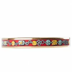 Hermes Multicolor Chain Print Enamel Gold Plated Narrow Bangle Bracelet For Women