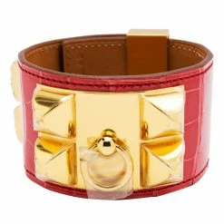Hermes Collier De Chien Red Alligator Leather Gold Plated Cuff Bracelet S For Women
