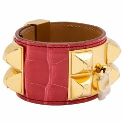 Hermes Collier De Chien Red Alligator Leather Gold Plated Cuff Bracelet S For Women -Deals Hermes Store luxury women hermes used accessories p201681 002