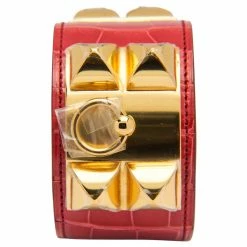 Hermes Collier De Chien Red Alligator Leather Gold Plated Cuff Bracelet S For Women -Deals Hermes Store luxury women hermes used accessories p201681 004