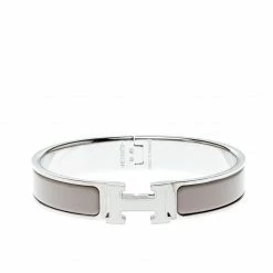 Hermes Clic-Clac H Grey Enamel Palladium Plated Narrow Bracelet GM For Women
