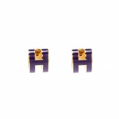 Hermes Pop H Purple Lacquered Gold Plated Stud Earrings For Women
