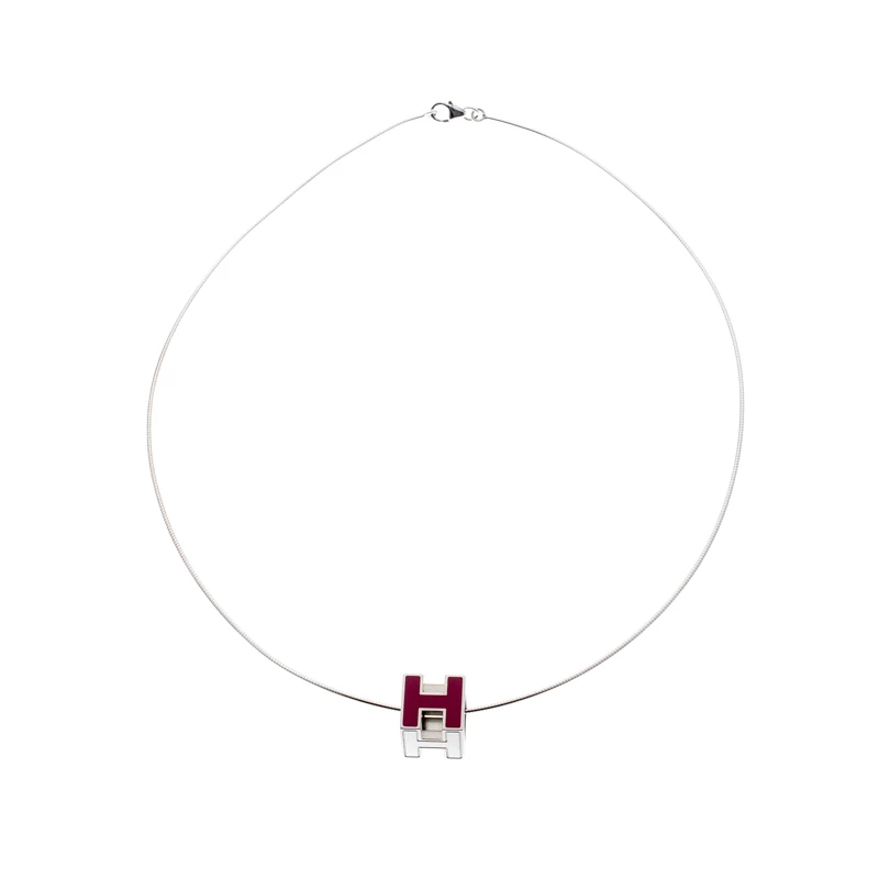Hermes Cage D'H Pink Lacquer Palladium Plated Pendant Necklace For Women 4 Hermes Cage D'H Pink Lacquer Palladium Plated Pendant Necklace For Women - Image 2