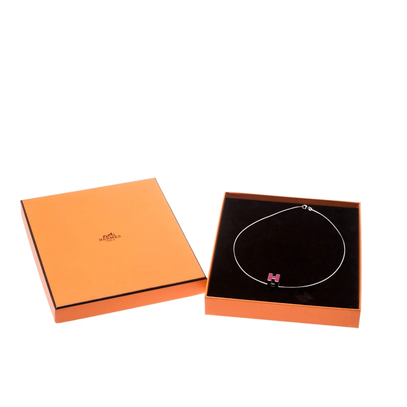Hermes Cage D'H Pink Lacquer Palladium Plated Pendant Necklace For Women 9 Hermes Cage D'H Pink Lacquer Palladium Plated Pendant Necklace For Women - Image 7