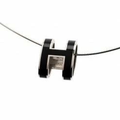 Hermes Pop H Black Lacquer Palladium Plated Pendant For Women