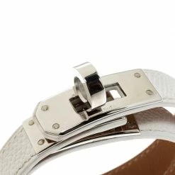 Hermes Kelly Double Tour White Leather Palladium Plated Wrap Bracelet S For Women -Deals Hermes Store luxury women hermes used accessories p220557 002