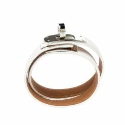 Hermes Kelly Double Tour White Leather Palladium Plated Wrap Bracelet S For Women -Deals Hermes Store luxury women hermes used accessories p220557 004