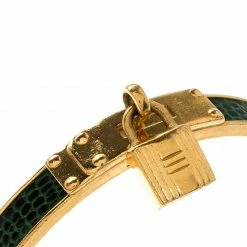 Hermes Kelly Lock Cadena Green Lizard Skin Gold Plated Bangle Bracelet For Women -Deals Hermes Store luxury women hermes used accessories p220798 003