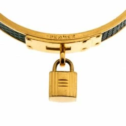 Hermes Kelly Lock Cadena Green Lizard Skin Gold Plated Bangle Bracelet For Women -Deals Hermes Store luxury women hermes used accessories p220798 006
