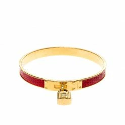 Hermes Kelly Lock Cadena Red Lizard Skin Gold Plated Bangle Bracelet For Women