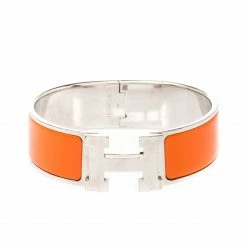 Hermes Hermès Clic Clac H Orange Enamel Palladium Plated Wide Bracelet GM For Women