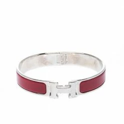 Hermes Clic Clac H Red Enamel Palladium Plated Narrow Bracelet GM For Women