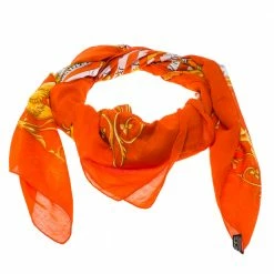 Hermes Orange Zodiac Print Cotton Scarf For Women -Deals Hermes Store luxury women hermes used accessories p227004 003
