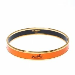Hermes Caleche Orange Enamel Gold Plated Narrow Bangle Bracelet M For Women