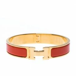 Hermes Clic H Orange Mandarine Enamel Gold Plated Narrow Bracelet PM For Women