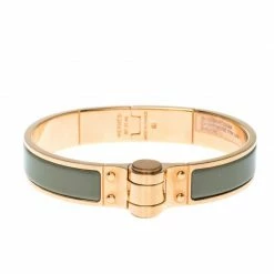 Hermes Charniere Uni Green Enamel Rose Gold Plated Bracelet GM For Women