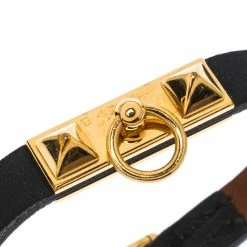 Hermes Micro Rivale Black Leather Gold Plated Bracelet XS For Women -Deals Hermes Store luxury women hermes used accessories p233709 002