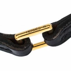 Hermes Micro Rivale Black Leather Gold Plated Bracelet XS For Women -Deals Hermes Store luxury women hermes used accessories p233709 006