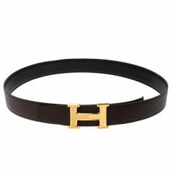 Hermes Etain/Black Epsom And Box Calf Leather Guillochee H Buckle Reversible Belt 90CM For Women