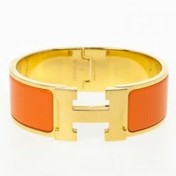 Hermes Clic-Clac H Orange Enamel Gold Plated Bracelet For Women