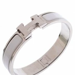 Hermes Clic Clac H White Enamel Palladium Plated Narrow Bracelet PM For Women -Deals Hermes Store luxury women hermes used accessories p237768 004