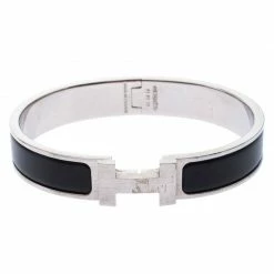 Hermes Clic H Black Enamel Palladium Plated Narrow Bracelet GM For Women