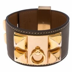 Hermes Hermès Collier De Chien Calfskin Olive Green Leather Gold Plated Bracelet For Women