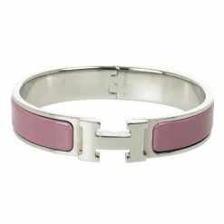 Hermes Clic-Clac H Pink Enamel Palladium Plated Bracelet PM For Women