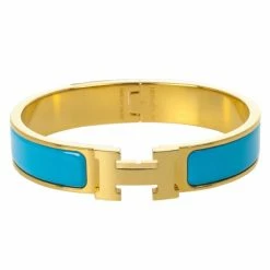 Hermes Clic-Clac H Indian Blue Enameld Gold Plated Bracelet PM For Women