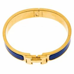 Hermes Clic H Blue Enamel Gold Plated Narrow Bracelet PM For Women -Deals Hermes Store luxury women hermes used accessories p246846 002
