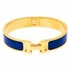 Hermes Clic H Blue Enamel Gold Plated Narrow Bracelet PM For Women