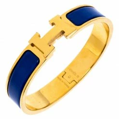 Hermes Clic H Blue Enamel Gold Plated Narrow Bracelet PM For Women -Deals Hermes Store luxury women hermes used accessories p246846 007