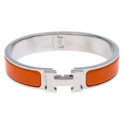 Hermes Clic H Orange Enamel Palladium Plated Bracelet PM For Women