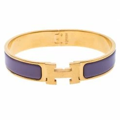 Hermes Clic H Purple Rose Cendré Enamel Gold Plated Bracelet GM For Women