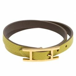 Hermes Lime Green And Grey Leather Behapi Reversible Double Tour Bracelet M For Women
